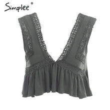 Simplee Sexy v neck chiffon camisole tank women Ruffle backless short shirt tee 2018 Summer casual streetwear lace crop top