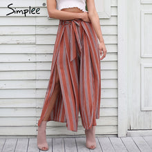 Simplee High split stripe wide leg pants women Summer beach high waist trousers Chic streetwear sash casual pants capris female