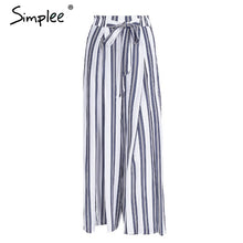 Simplee High split stripe wide leg pants women Summer beach high waist trousers Chic streetwear sash casual pants capris female