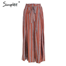Simplee High split stripe wide leg pants women Summer beach high waist trousers Chic streetwear sash casual pants capris female