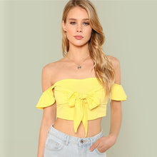 COLROVIE Bow Tied Solid Crop Top 2018 New Summer Yellow Off the Shoulder Women Top Short Sleeve Tops & Tees Knot Plain T Shirt