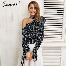 Simplee One shoulder polka dot blouse shirt Ruffle lantern sleeve vintage chiffon blouse Sexy bow women summer blouses 2018