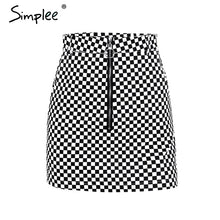Simplee Checker board classic plaid mini skirt women Metal circle zipper pull skinny short skirts Streetwear autumn pencil skirt