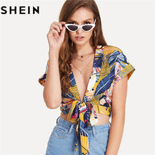 SHEIN Tie Front Deep V Neck Print Short Tops and Blouses 2018 Summer Women Boho Beach Vacation Sexy Floral Tropical Crop Tops