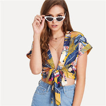 SHEIN Tie Front Deep V Neck Print Short Tops and Blouses 2018 Summer Women Boho Beach Vacation Sexy Floral Tropical Crop Tops