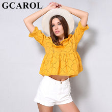 GCAROL 2018 Euro Style Women Hollow Out Crochet Lace Blouse 3/4 Sleeve Cropped Tops Fashion Cute Yellow Baby-doll Blouse