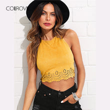 COLROVIE Scallop Laser Cut Suede Halter Tank Top Summer Yellow Cut Out Backless Sexy Cami Hollow Out Vacation Women Crop Top