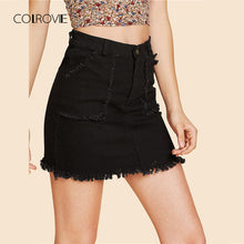 COLROVIE Black Ripped Mid Waist Denim Skirt 2018 Summer New Fashion Button Pockets Mini Skirt Streetwear Casual Women Skirt