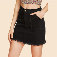 COLROVIE Black Ripped Mid Waist Denim Skirt 2018 Summer New Fashion Button Pockets Mini Skirt Streetwear Casual Women Skirt
