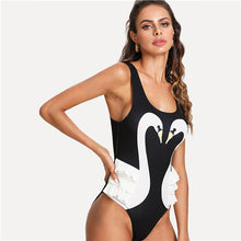 COLROVIE Layered Ruffle Trim Swan Print Skinny Bodysuit 2018 Summer New Black Sleeveless Women Bodysuit Cozy Beach Sexy Bodysuit