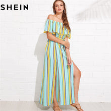 SHEIN Maxi Striped Off Shoulder Long Summer Dress for Women 2018 Boho Beach Vacation M-Slit Pompom Detail Elegant Bardot Dresses