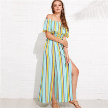 SHEIN Maxi Striped Off Shoulder Long Summer Dress for Women 2018 Boho Beach Vacation M-Slit Pompom Detail Elegant Bardot Dresses