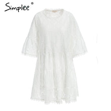 Simplee Flare sleeve cotton white lace dress women Hollow out loose casual dress 2018 Summer high waist short dress vestidos