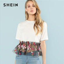 SHEIN Sexy White Floral Contrast Embroidery Casual T Shirt  Elegant Contrast Mesh Summer Tops for Women 2018 Hem Tee
