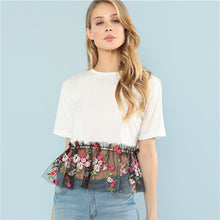 SHEIN Sexy White Floral Contrast Embroidery Casual T Shirt  Elegant Contrast Mesh Summer Tops for Women 2018 Hem Tee