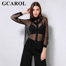 GCAROL 2018 New Arrival Women Ruffles Organza Transparent Blouse Turn Down Collar Slim Sexy Shirt Summer Black Tops