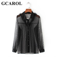 GCAROL 2018 New Arrival Women Ruffles Organza Transparent Blouse Turn Down Collar Slim Sexy Shirt Summer Black Tops